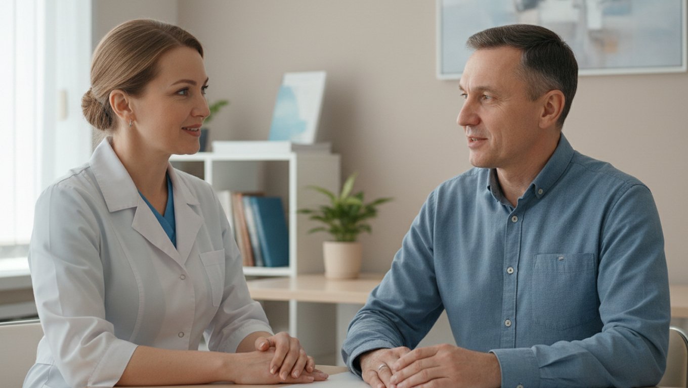 Врач консультирует мужчину в клинике